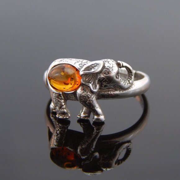Natural Baltic Cognac Amber Adjustable Lucky Elephant Ring in S925 - Picture 1 of 5